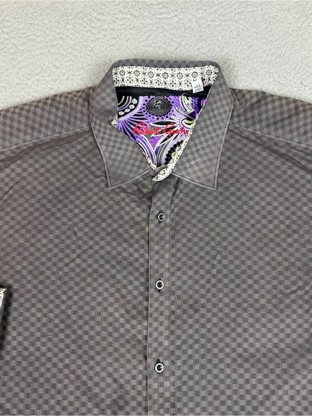Robert Graham Shirt Men Gray 4XL Checkered Button-Up Contrasting Trim Flip Cuffs
